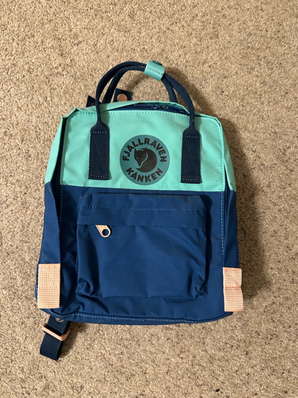 Fjallraven Kånken Mini Backpack in Teal and Navy with Peach Accents